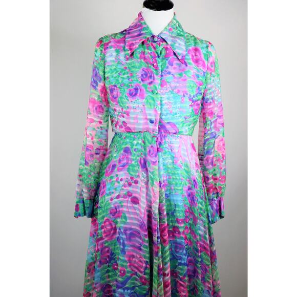 Vintage 1970s Floral Print Midi Long Sleeve Shirt Dress Coco California Medium - Picture 2 of 10